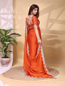 Estationeryhouse Satin Saree With Silver Embroidery With Heavy Embroidered Unstitched Blouse - Orange - View 3