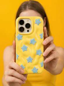 Funda de teléfono con patrón de estrella y cuadrícula azul con efecto arrugado, compatible con iPhone 17 Pro Max, 17 Pro, 17 Air, 16 Pro Max, 14, 15 Pro, 16 Plus, 13, 12, 11, funda suave - Amarillo - Ver 3