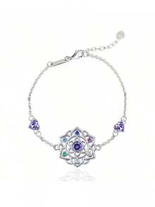 925 Silver Elegant Floral Colorful Zirconia Women's Bracelet, Suitable For Daily Wear, Vacation, Party, Also Can Be Used As Holiday Gift - Silver - View 9