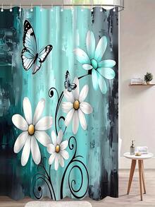 [Rustic Shower] 4pcs Rustic Farmhouse Shower Curtain Set Farm Teal Daisy Floral Bathroom Set With Non-Slip Rugs, U-Shaped Mat, Toilet Seat Cover, Machine Washable Shower Curtain With 12 Hooks, Country Wooden Design With Flowers And Butterflies - A - View 14