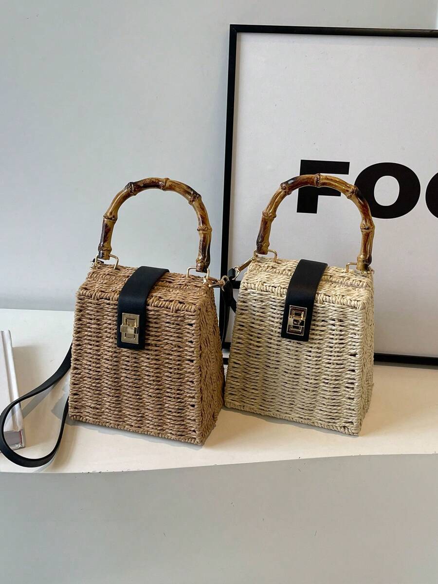 Summer Holiday Handmade Woven Bag, Straw Bamboo Handle Tote Bag For Women, Gift Box Set, Crossbody Bag, Souvenir Gift