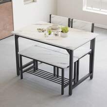 Set Of 4pcs Grey Dining Set Including Rectangular Dining Table Dining Chairs Dining Bench With MDF Top Metal Frame Storage Shelf For Dining Room Kitchen Living Room - White Marble - View 3