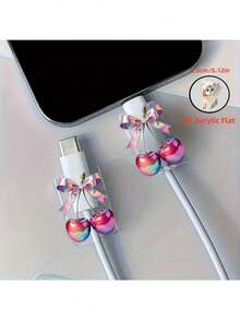 2D 平面，2 个樱桃图案数据线保护套，防刮 Type-C/手机充电器数据线保护套，时尚耐用，手机数据线保护器，设计新颖，坚固塑料材质 - 彩色 - 查看 8