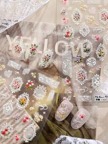 1 Pc 5D Fresh Style Lace Nail Stickers, Embossed Spring Forest Series Lace Bouquet Nail Decals, European Style White Lace Nail Art Decorations - Multicolor - View 2