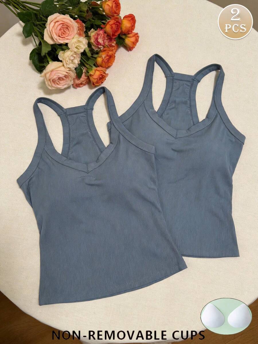 2pcs/Set Women's Summer Camisole Tops, Fitted Solid Color Basic Camisole With Chest Pads - Multicolor - View 1