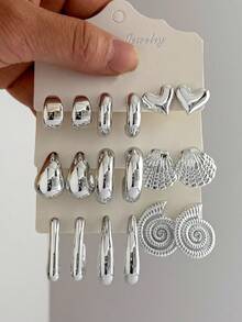 6-18件时尚简约心形、水滴形、贝壳形、海螺形、C形、几何造型耳钉，适合夏季旅行和日常度假佩戴 - 銀色 - 查看 1