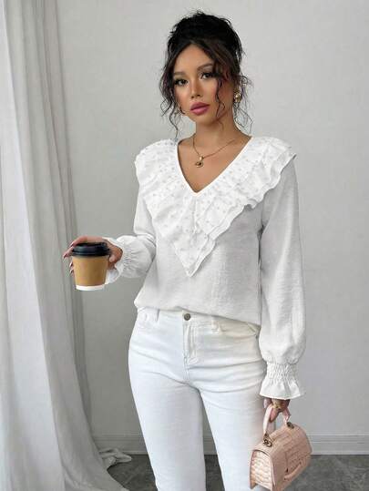 女士V领仿珍珠装饰荷叶边下摆休闲百搭日常上衣