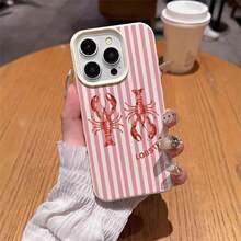 Striped 1pc TPU Material Cute Healing Lobster Pattern Phone Case Suitable For Apple 17 Pro Max/17/16 Pro Max/15/13/12/11, S20 FE/A15/S24/A55, Note 11/Note 12/Note 13 Pro, Full Coverage Anti-Drop Soft Protective Phone Cover,International Version, Not The Domestic Version - White - View 4