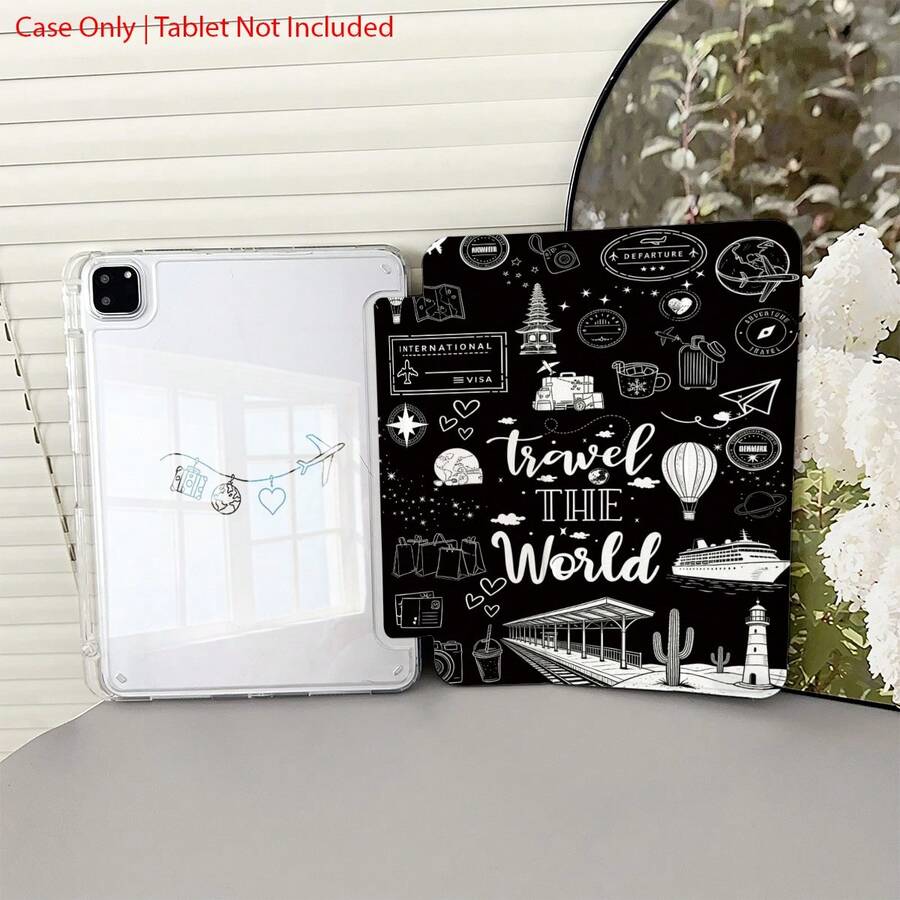 1 Piece Black & White "Travel THE World" Protective Tablet Case Folio Table Case With Pen Holder Compatible With IPad 10.9/10.2/ Air 5th Gen/Pro11/10th/9.7/Air 2/ (7th Gen)/ (8th Gen)/ Air 4/5/ Pro 11/ 10th Generation 10.9-Inch 2022 Smart Case/ Air 13(M3 2025)/ Air 11(M3 2025)/ Air 11(M3 2025)/ 11(A16 2025)/Compatible With Galaxy Tab S10+/S9/A9,Compatible With Xiaomi5/5PR/6/6PRO/7/7PRO - Multicolor - View 1