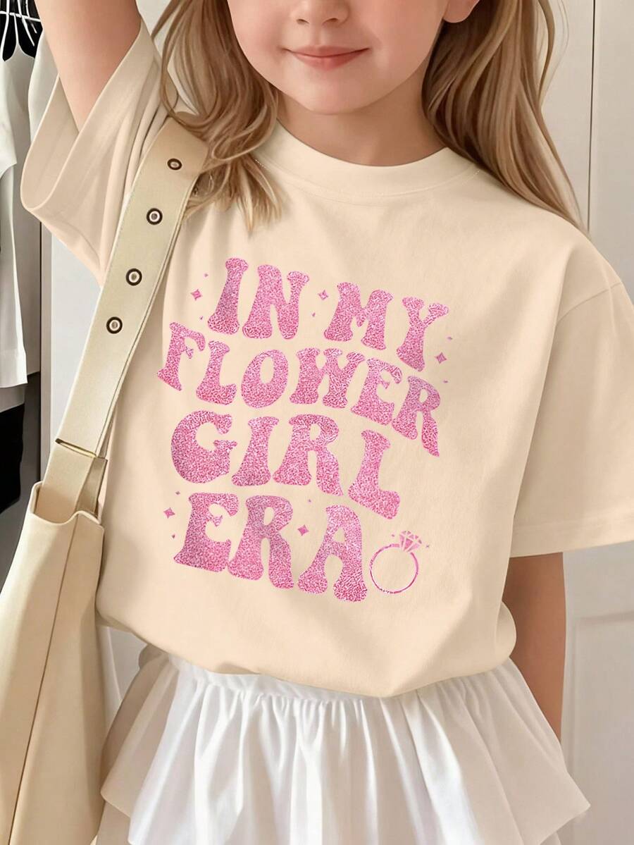 Girls "My Flower Girl Era" Graphic Round Neck Short Sleeve T-Shirt, Casual Tee For School, Vacation And Shopping, Spring/Summer - Apricot - View 1
