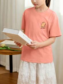 少女休闲印花圆领短袖T恤，夏季上衣 - 珊瑚橙 - 查看 10