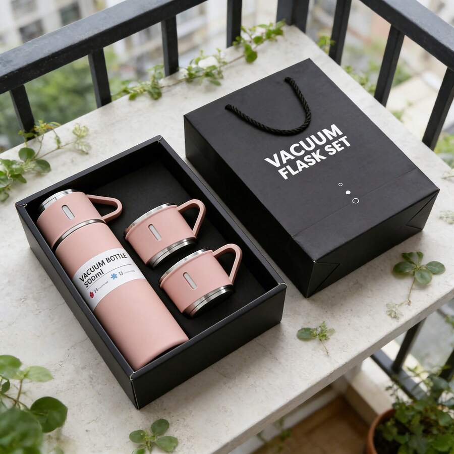 500ml Stainless Steel Vacuum Insulated Bottle Gift Set With 2 Cups, 12H Hot/24H Cold, Leak-Proof, Ideal Gift For Men & Women - 黑色高級禮盒 - 查看 1
