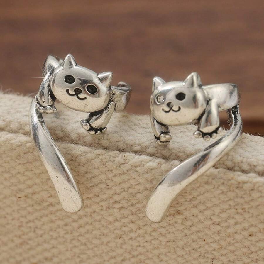 1 par de pendientes de clip con diseño de gato retro y lindo, creativos y de moda, adecuados para reuniones diarias y festivales, un excelente regalo de joyería para mujeres - Gris Claro - Ver 1