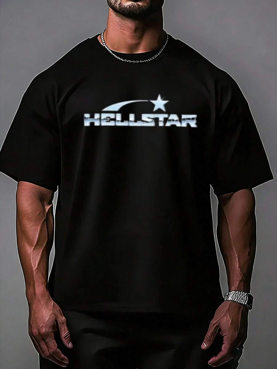 Hellstars Metallic Star Logo Y2K Graphic T-Shirt,220g 100% Cotton,Round Neck Short Sleeve,Black Streetwear Essential For Summer Going Out,Unisex Style - 黑色 - 查看 1