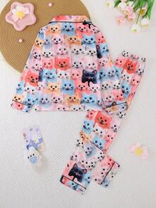 Set de 2 piezas de pijama informal para niñas con estampado de gato en el cuello y manga larga, y pantalones. Resistente a las llamas, para todas las estaciones - Multicolor - Ver 2