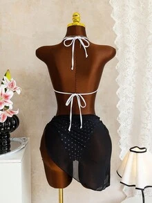 European And American Fashion Black & White Polka Dot Halter Neck Printed 3-Piece Bikini Set, Women Casual Cute Elegant Sexy Bohemian Summer - Black and White - View 2