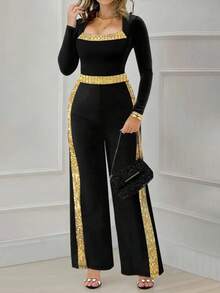 Women's Fashionable, Elegant, Versatile Contrast Color Long Sleeve Jumpsuit For Daily Wear - Black - View 2