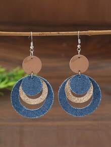 复古木质牛仔蓝色圆形耳环，波西米亚风闪亮牛仔多层独特设计耳环 - 牛仔藍 - 查看 8