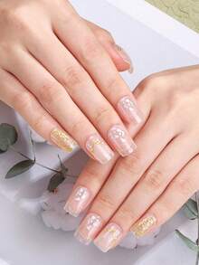 4Pcs Spring/Summer Caramel Golden Glitter Blue Silver Glitter Semi Cured Gel Nail Strips,Unique Fresh Style Nail Stickers, Easy To Apply Suitable For Ladies' Home DIY Manicures - Multicolor - View 3