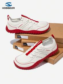 HOBIBEAR Men's Fashion Sneakers, Soft Toe, Breathable, Slip-On, Suitable For Gym, Commuting, Driving, Spring/Summer - White and Red - View 1