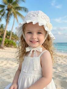 1顶白色蕾丝花童遮阳帽，透气防紫外线公主风刺绣儿童帽 - 1PC - 查看 4