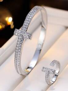 2pcs Set Luxury Minimalist Cubic Zirconia Inlaid Bracelet And Ring Set, Suitable For Women's Daily Wear And Gift - Bracelet Ring Set - View 6