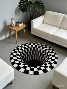 1pc Black & White Checkerboard 3D Illusion Round Mat, Soft & Comfortable Polyester Area Rug With Black & White Swirl Design - Suitable For Living Room, Bedroom, Bathroom And Entryway Decor - Black and White - View 13