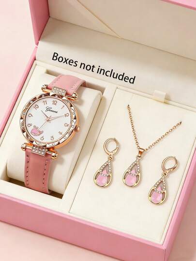 4pcs/Set Girls' Cute Leather Strap Quartz Watch With Whale Element, Paired With Water Drop Shaped Accessories, Perfect Gift For Birthday, Holidays, Easter, Ramadan, Mother's Day And More