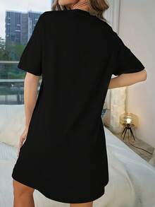 European And American Spring/Summer Round-Neck Loose-Fitting Casual Short-Sleeve Pocket T-Shirt Dress With Fashionable Heart-Shaped English Letter Print - 黑色 - 查看 2
