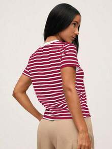 SHEINBASICSS Striped Print T-Shirt/Summer - 酒紅色 - 查看 2