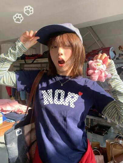 Oversized Navy Blue T-Shirt, Polka Dot Letter & Heart Print, Preppy Varsity Style Short Sleeve Tee, Kawaii Y2K Japanese Streetwear Top, Casual Graphic Tee For Women Summer