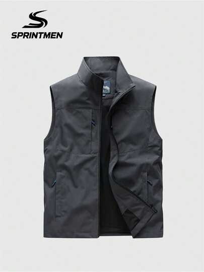 1pc Men's Gray Mandarin Collar Multi-Pocket Utility Vest, Soft Breathable Fabric, Sporty Style, Machine Washable, Suitable For Commuting, Outdoor, Hiking, Cycling, Fishing, Casual Sleeveless Jacket