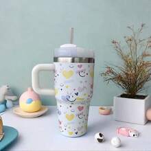 600ml Thermal Mug With Handle, Lid And Straw – Flower Print 1866-600ml - Branco 1 - 查看 2