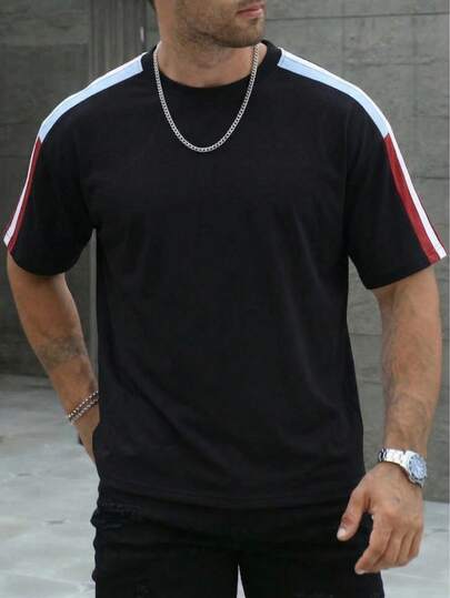 Áo thun nam cổ tròn tay ngắn phong cách đường phố Mỹ, thoải mái, thoáng khí, màu tương phản, họa tiết chắp vá, thoải mái, dễ mặc ngoài trời, mùa hè