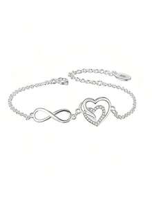 925 Silver Minimalist Zirconia Heart-Shaped Infinity Bracelet, With Creative Infinity Symbol And Heart Design, High-End Accessory For Women - Silver - View 11