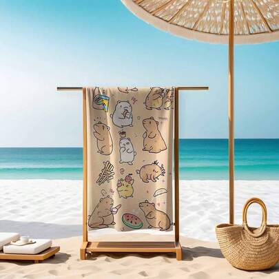 速干卡通水豚超细纤维沙滩巾 - 超强吸水、轻便、防沙、防滑长方形户外垫 - 可机洗