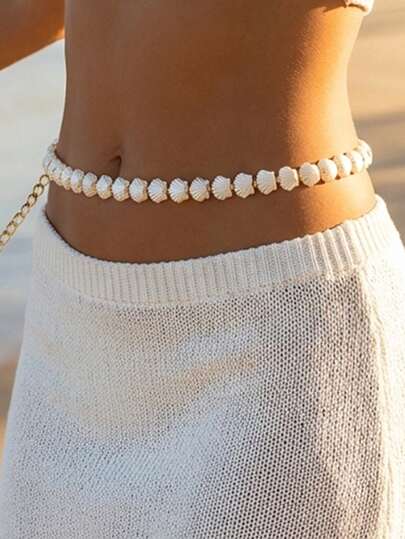1 pieza Cadena de cintura con perlas y conchas estilo bohemio, joyería de Body de moda para mujer, adecuada para accesorios de calle, fiesta y playa