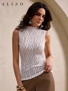 Aliao Delicate Knitted Jacquard 3D Wavy See-Through Sleeveless Turtle Neck Top, Elegant Everyday Wear, Old Money Style, Valentine's Day Outfit, Wedding Season, Eye-Catching Outfits, New Year, Spring Outfit For Women, Summer, Vacation Outfits Women, Court Style, Beach Outfit, Thanksgiving Outfit, Graduation Casual White - White - View 4