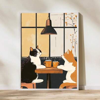 复古猫咪咖啡馆墙面艺术帆布画，专为猫主人打造，黑猫咖啡海报和印刷品，趣味独特的动物艺术套装，咖啡墙壁画装饰，无框