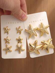 4-10pcs Fashionable Geometric Starfish Multi-Element Gold Metal Earring Set, Women's Stylish Earring Set, Suitable For Daily Wear - Gold - View 1