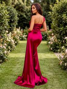 Romagic 优雅单肩缎面伴娘礼服 无袖婚礼晚礼服 - 酒紅色 - 查看 5