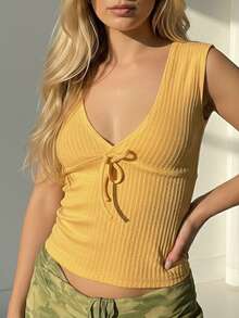 女士时尚深V领无袖罗纹针织上衣，前系带，常规长度 - 黃色 - 查看 12