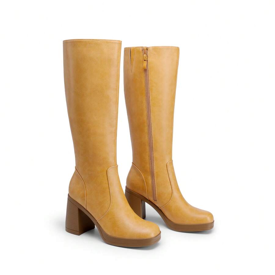 Women's Chunky Block Heeled Knee High Boots Platform Square Toe Fashionable Solid Color Gogo Boots With Side Zipper - Màu vàng - Xem 1