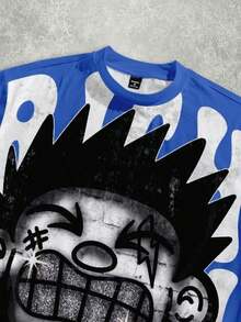 Manfinity Roghcode Men's Oversized Distressed Funny Diamond Teeth Tattoo Big Face Allover Print Cropped Loose T-Shirt (High Quality) - Royal Blue - View 2