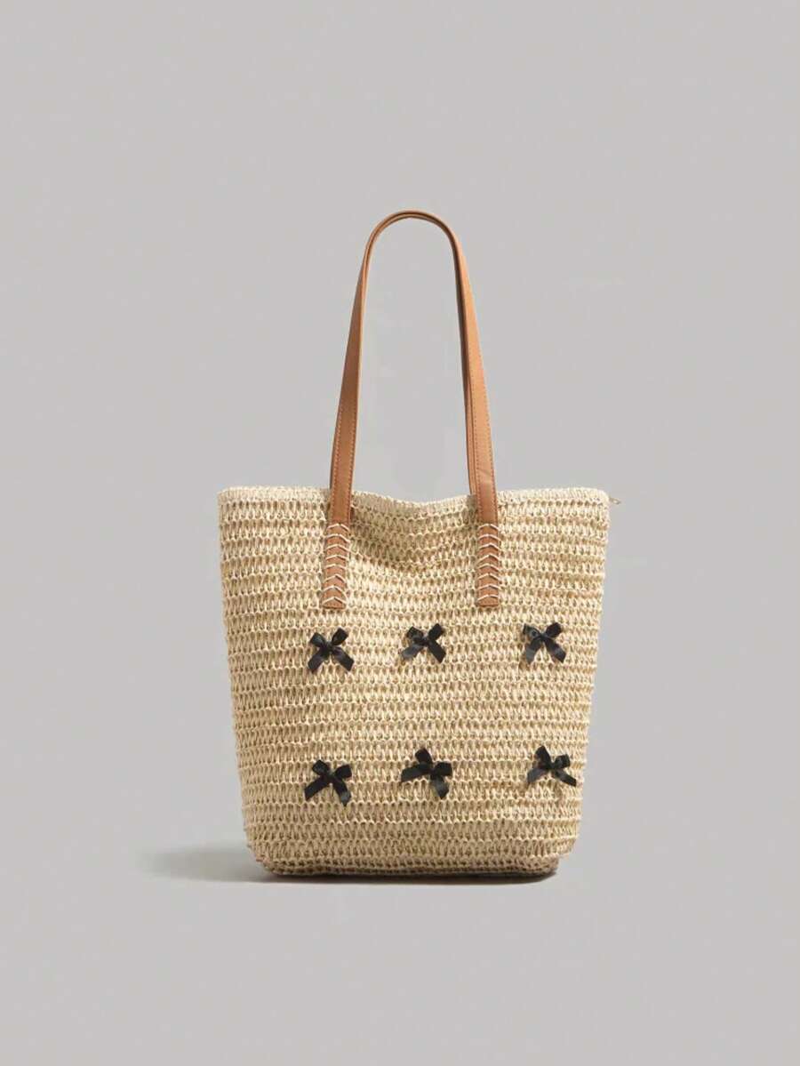 Casual Chic Hollow Straw Tote Bag, Versatile Large Capacity Beach Shoulder Bag For Women - White - View 1