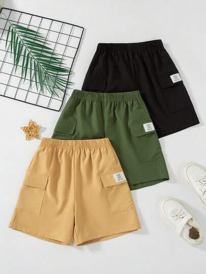 3pcs/Set Boys' Casual Solid Color Shorts With Pockets & Decorative Buttons, Straight Leg, Spring/Summer