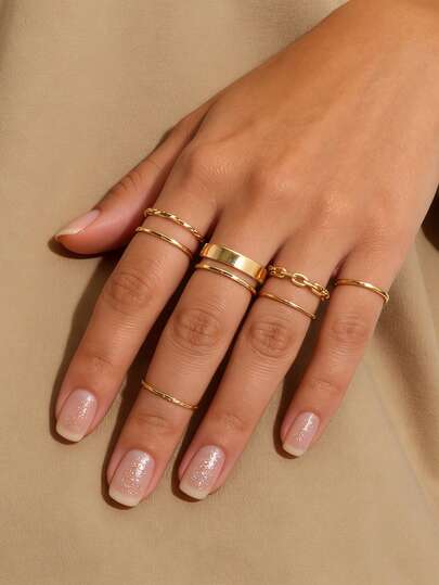 Set de 7 anillos de dedo hueco tallados en estilo bohemio y dorado para decoración de fiestas para mujeres