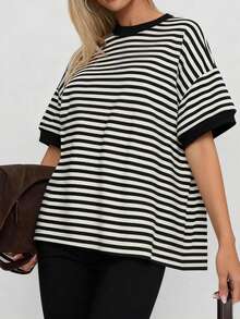 Camiseta casual de mujer Vaiaye de cuello redondo holgado, camiseta de manga corta a rayas con parches minimalista de color contrastante, adecuada para uso diario, ir al trabajo y verano en casa, color rosa - Negro - Ver 4
