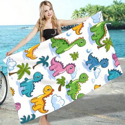 1条多色恐龙印花数码沙滩巾 - 超强吸水，超细纤维，现代针织面料，是夏季海滩、游泳和露营的理想之选，现代沙滩毯超细纤维材质