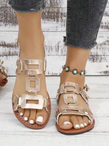 Women's Rivet Hollow-Out Comfortable Flat Sandals, Gladiator Sandals, Summer, Solid Color Bohemian PU Leather Rivet Buckle Flat Sandals For Beach - Champagne - View 7
